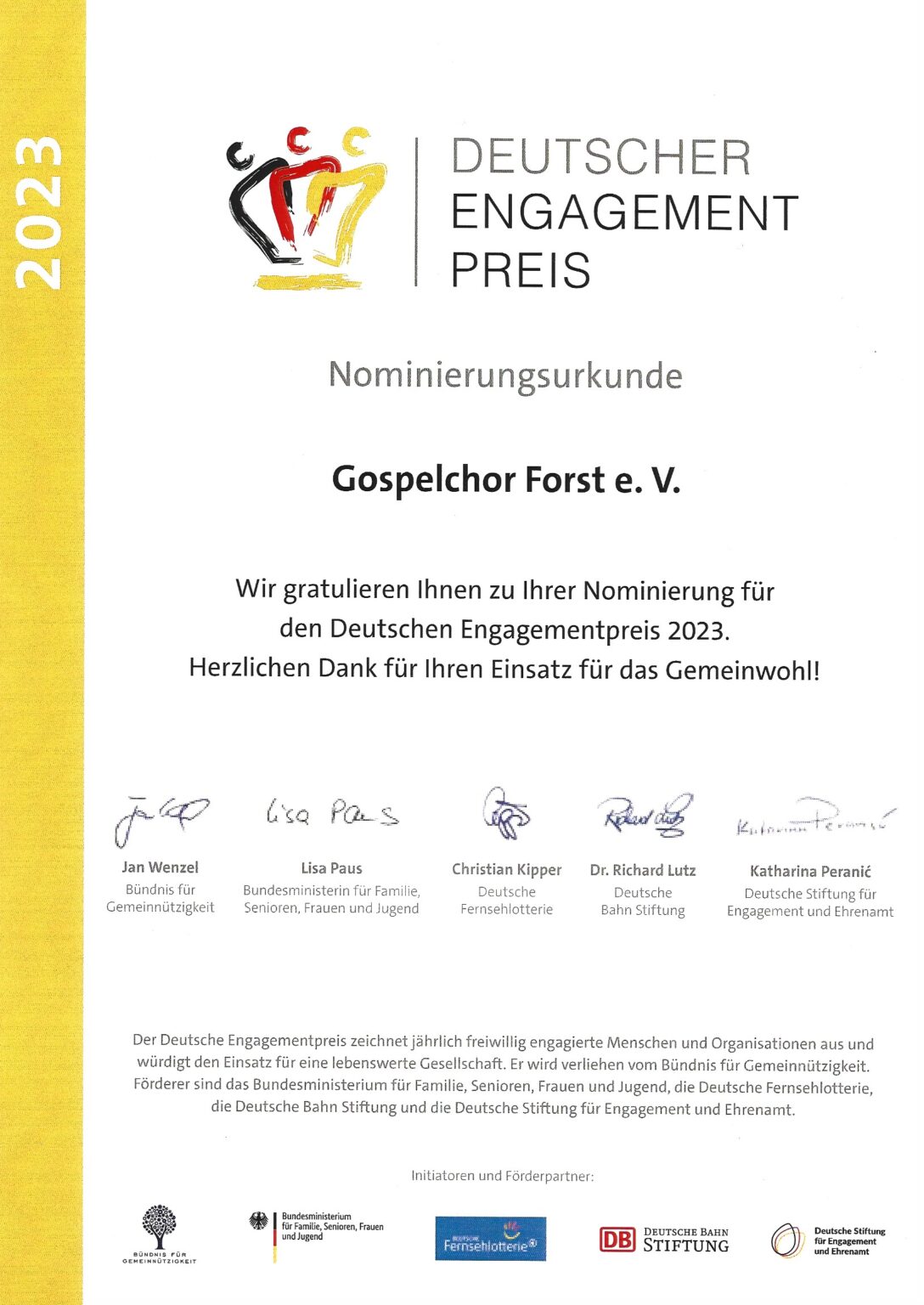 Urkunde_Dt_EngagementPreis_Nominierng Gospelchor Forst 2023